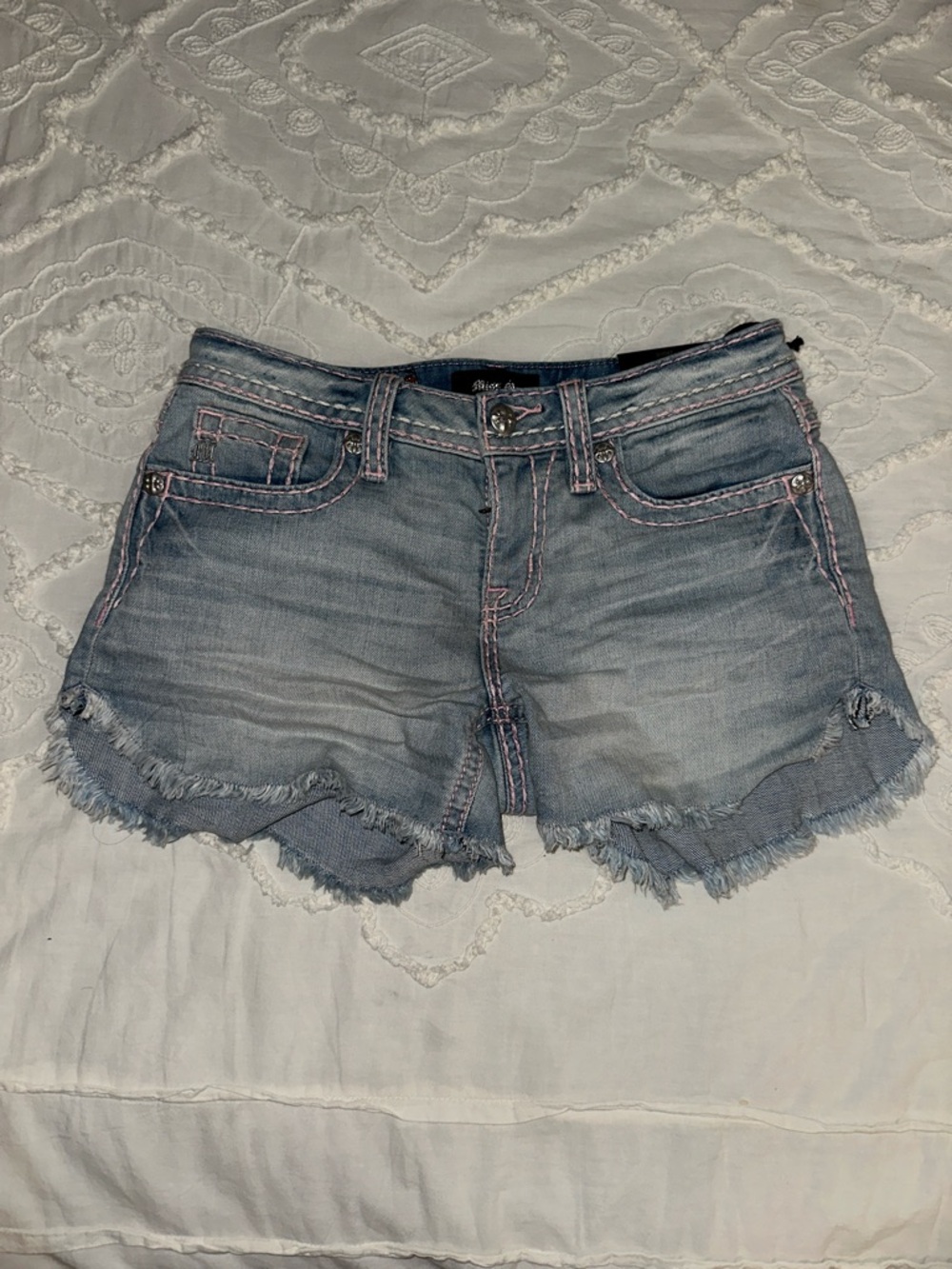 Miss Me Pink-Accent Light Blue Frayed Denim Shorts